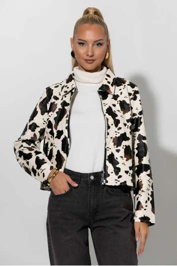 Cropped leather jacket cow print μπεζ 