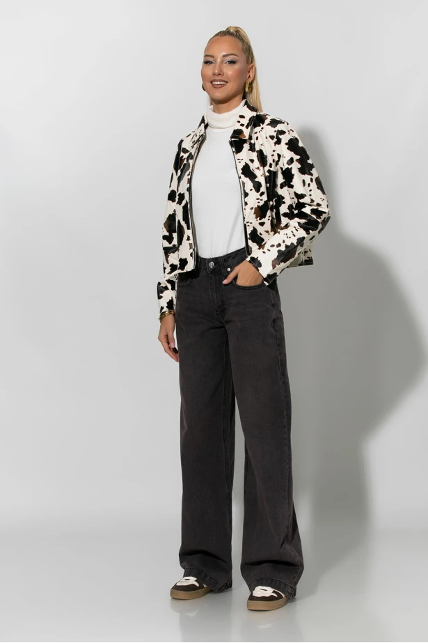 Cropped leather jacket cow print μπεζ Cropped leather jacket cow print μπεζ