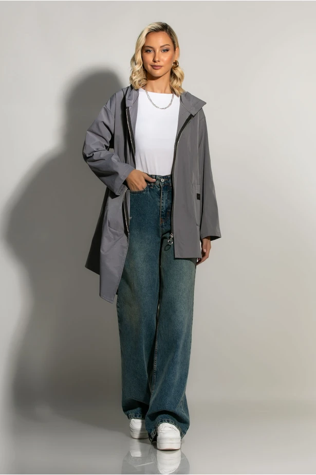 Oversized ασύμμετρη ζακέτα με κουκούλα γκρι Oversized ασύμμετρη ζακέτα με κουκούλα γκρι