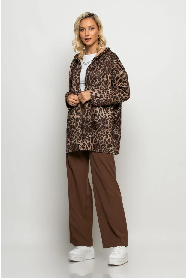 Oversized ζακέτα leopard print καφέ