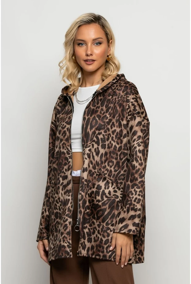 Oversized ζακέτα leopard print καφέ