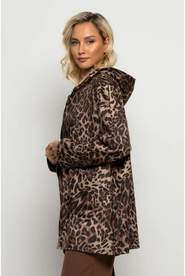 Oversized ζακέτα leopard print καφέ
