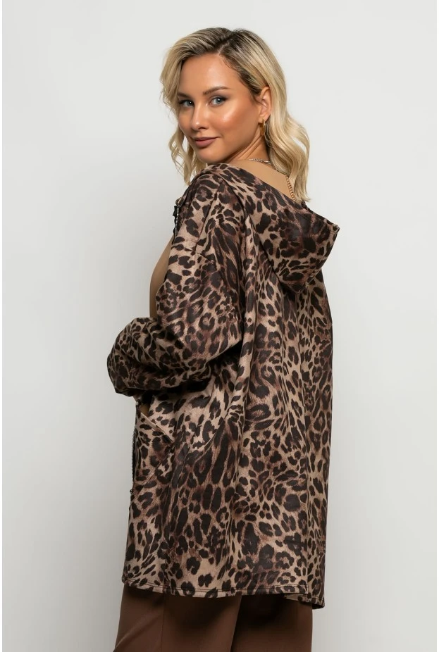 Oversized ζακέτα leopard print καφέ
