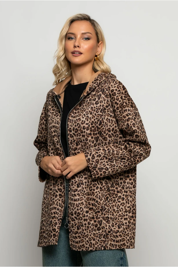 Oversized ζακέτα leopard print μπεζ