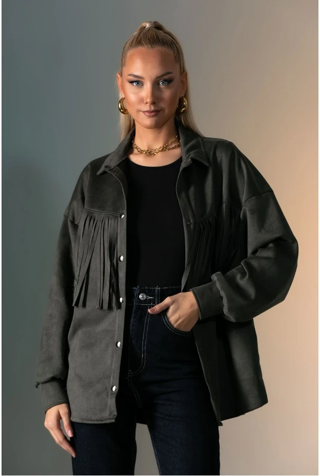 Jacket σουέντ με κρόσια και κουμπιά χακί