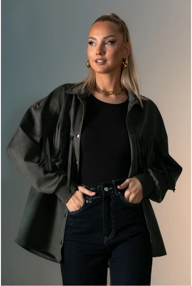 Jacket σουέντ με κρόσια και κουμπιά χακί