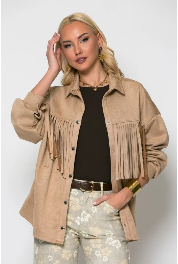 Jacket σουέντ με κρόσια και κουμπιά μπεζ
