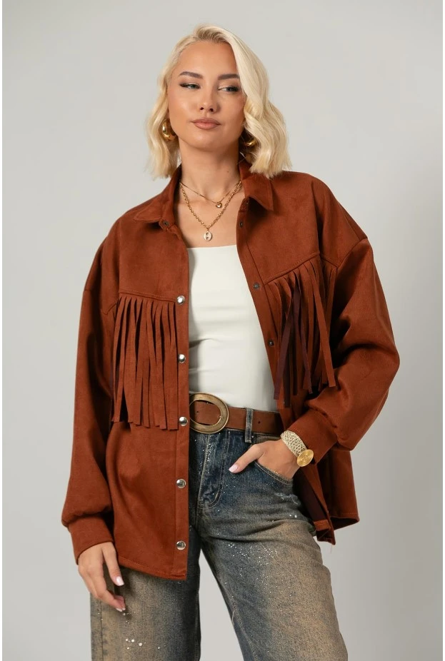 Jacket σουέντ με κρόσια και κουμπιά κεραμιδί