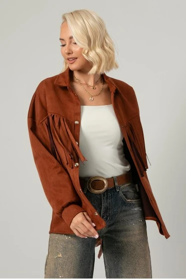 Jacket σουέντ με κρόσια και κουμπιά κεραμιδί