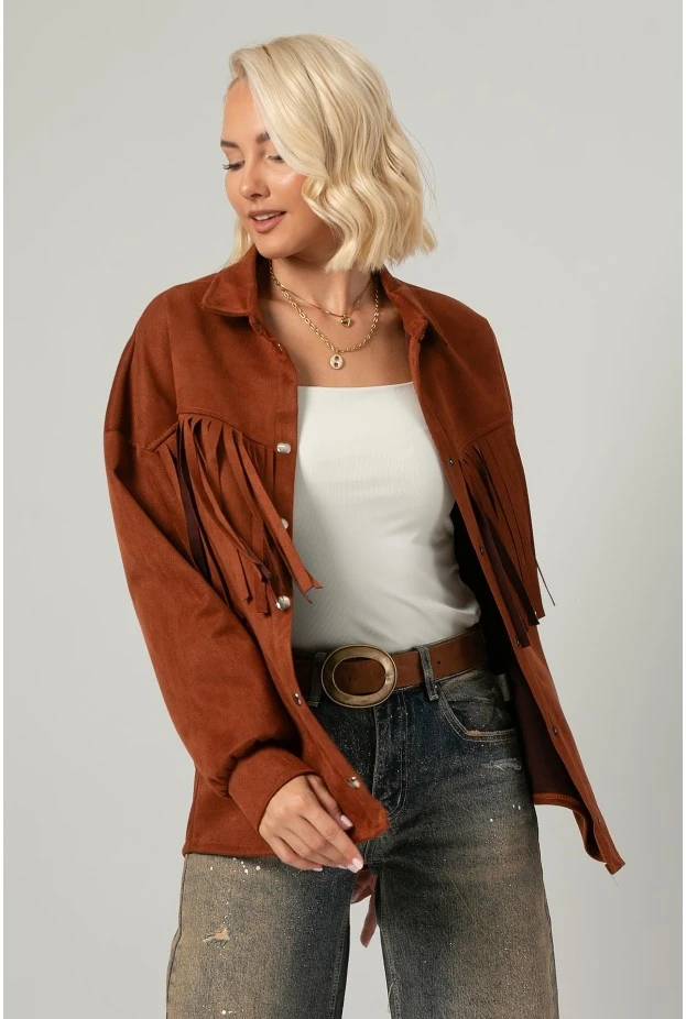 Jacket σουέντ με κρόσια και κουμπιά κεραμιδί