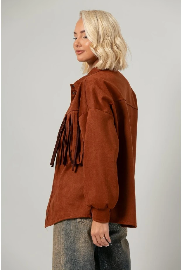 Jacket σουέντ με κρόσια και κουμπιά κεραμιδί