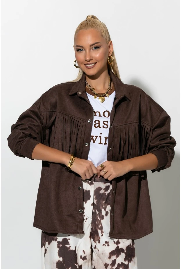 Jacket σουέντ με κρόσια και κουμπιά καφέ