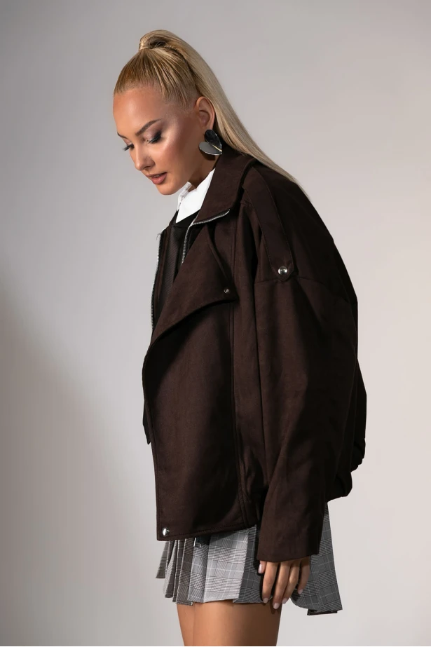 Jacket σουέντ με μεγάλο πέτο καφέ σκούρο