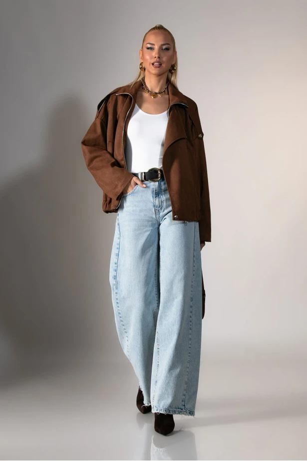 Jacket σουέντ με μεγάλο πέτο καφέ ανοιχτό