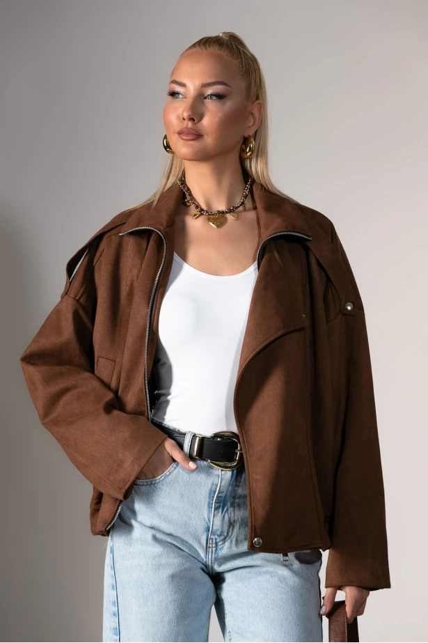 Jacket σουέντ με μεγάλο πέτο καφέ ανοιχτό
