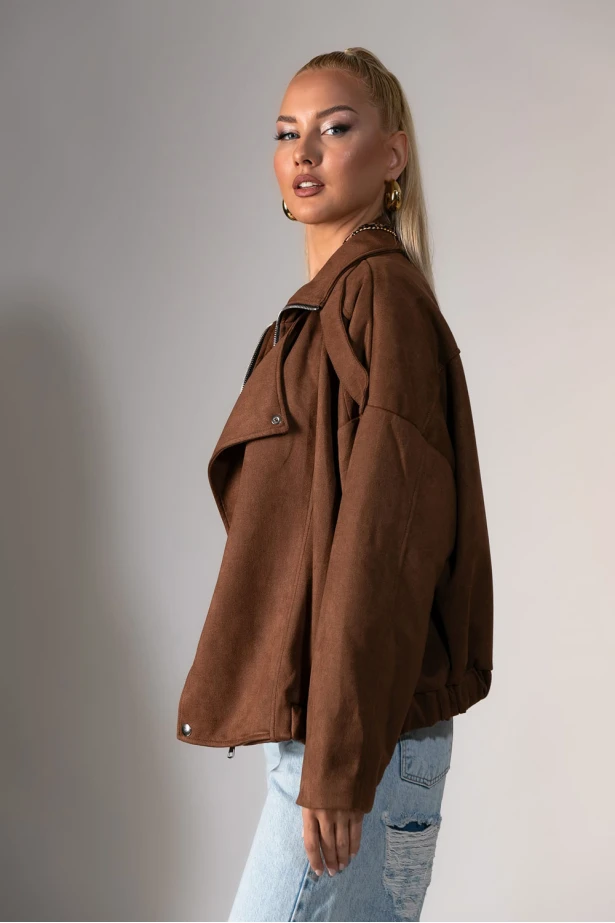 Jacket σουέντ με μεγάλο πέτο καφέ ανοιχτό