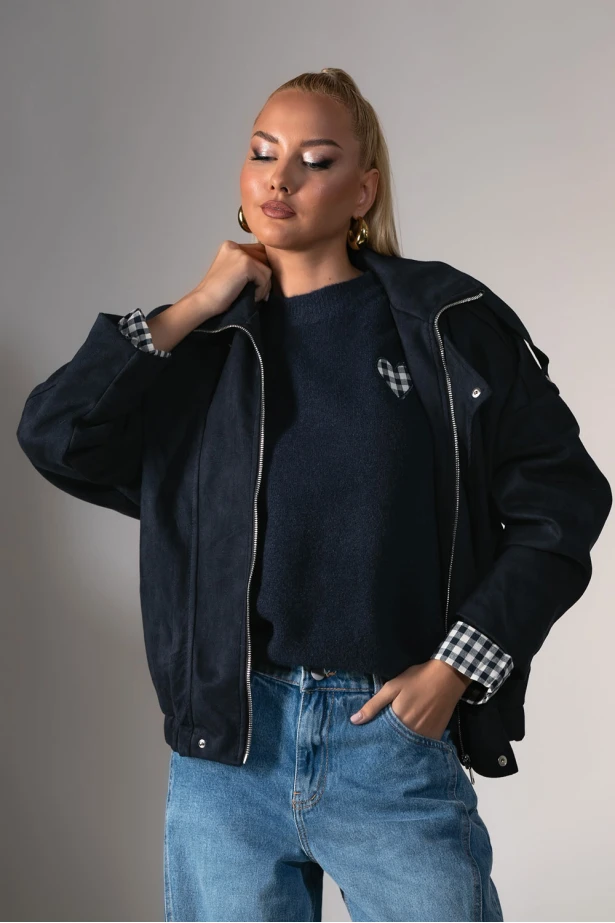 Jacket σουέντ με μεγάλο πέτο μπλε