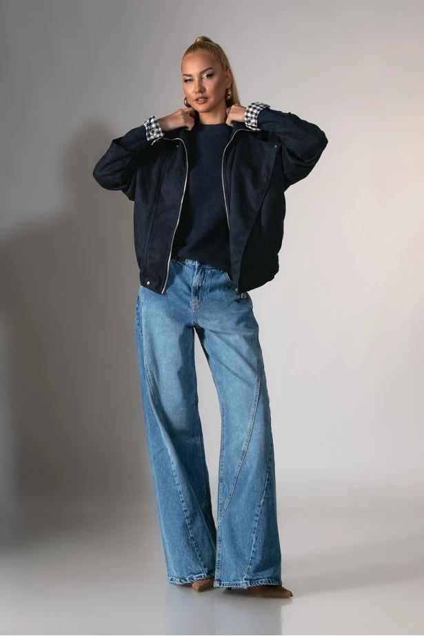 Jacket σουέντ με μεγάλο πέτο μπλε