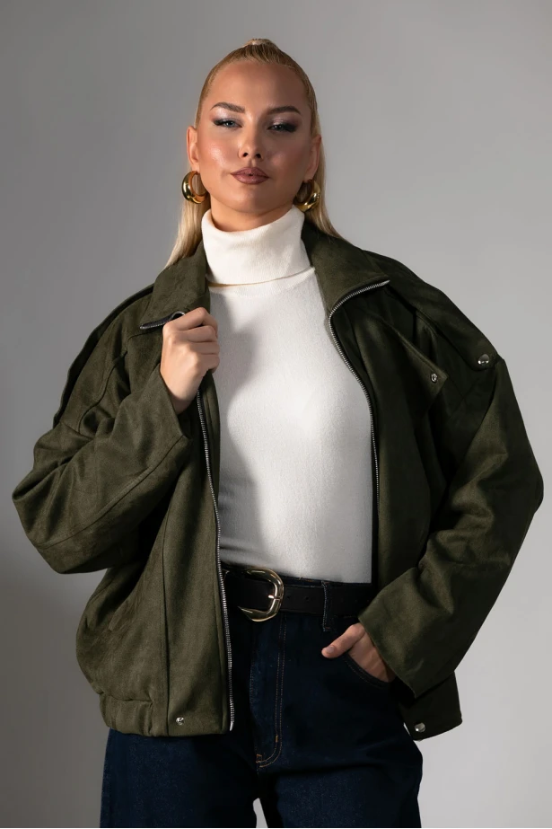 Jacket σουέντ με μεγάλο πέτο χακί