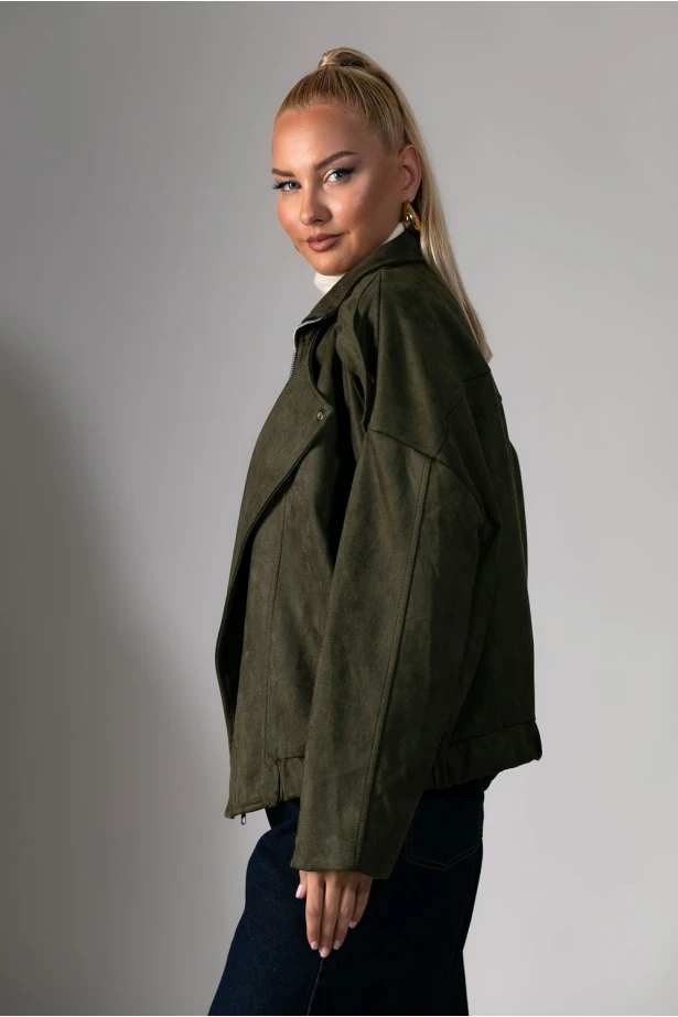 Jacket σουέντ με μεγάλο πέτο χακί