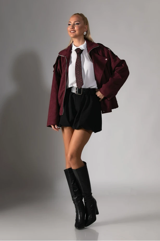 Jacket σουέντ με μεγάλο πέτο μπορντό