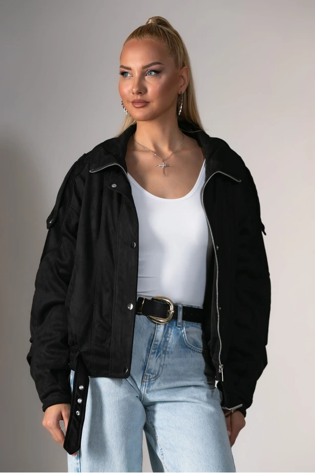 Jacket σουέντ με γούνα εσωτερικά μαύρο