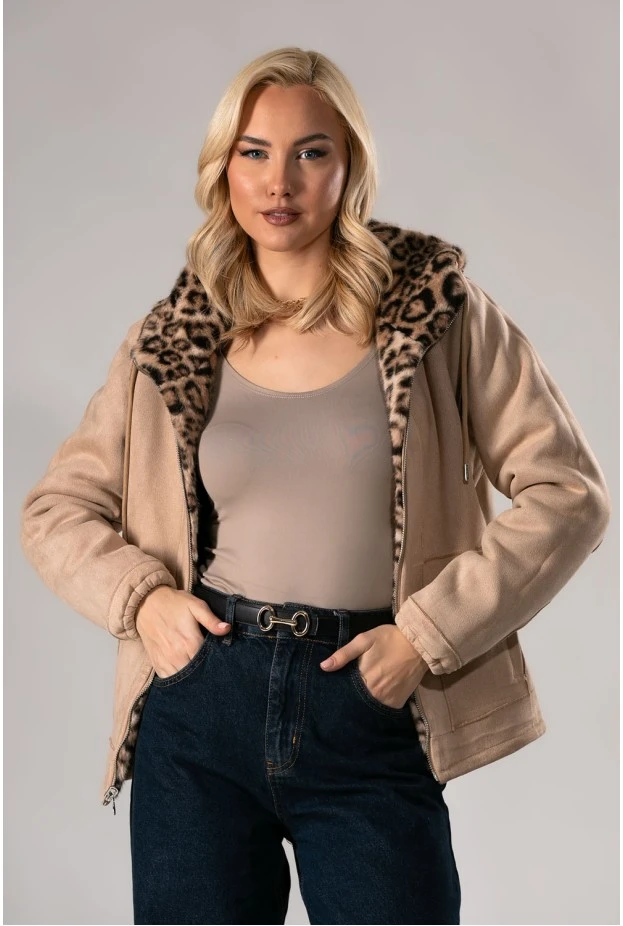Γούνινο λεοπάρ jacket double face με σούεντ εσωτερικά μπεζ 