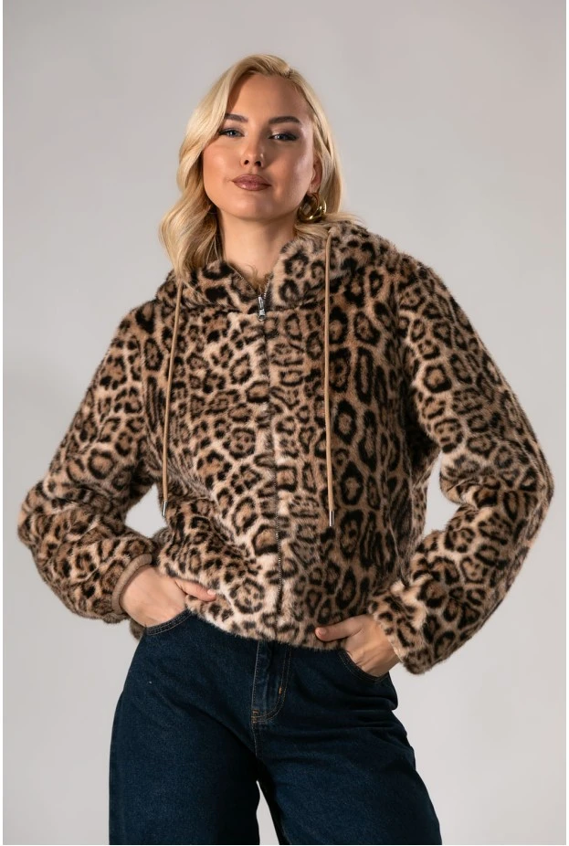 Γούνινο λεοπάρ jacket double face με σούεντ εσωτερικά μπεζ 