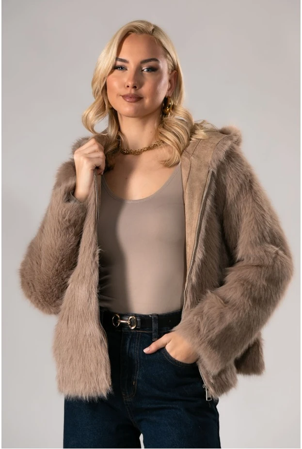 Jacket γούνινο με κουκούλα μπεζ