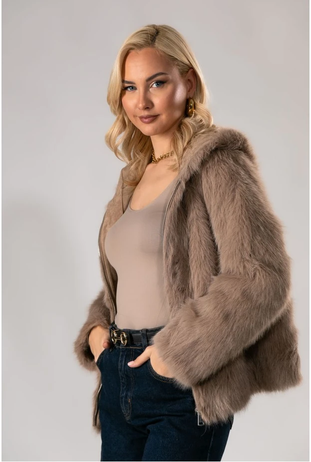 Jacket γούνινο με κουκούλα μπεζ