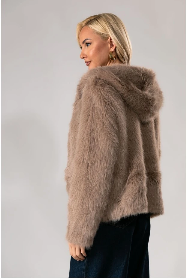 Jacket γούνινο με κουκούλα μπεζ