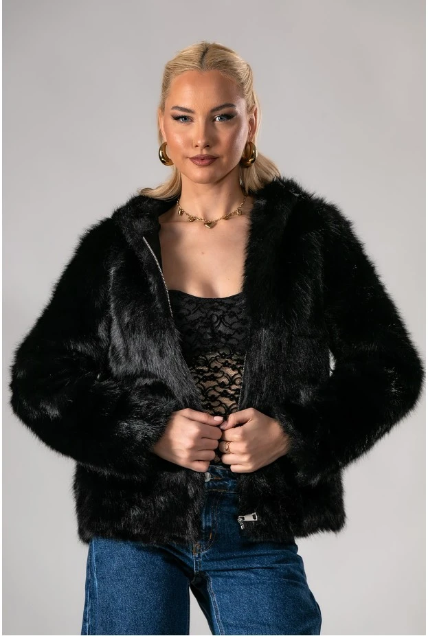 Jacket γούνινο με κουκούλα μαύρο