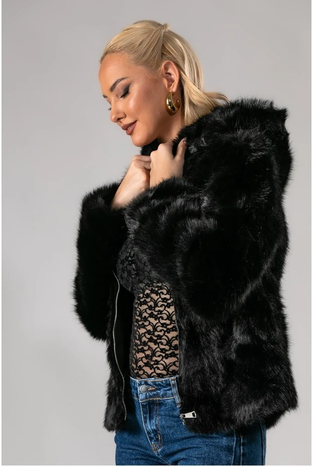 Jacket γούνινο με κουκούλα μαύρο