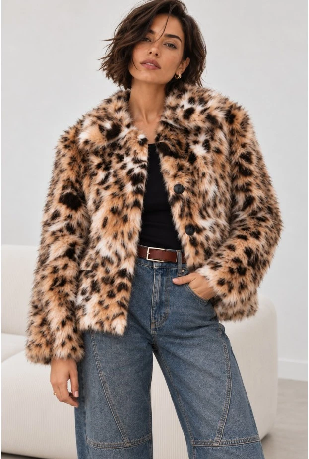 Γούνινο τζάκετ animal print με γιακά μπεζ