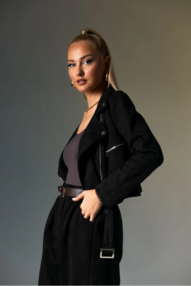 Σουέντ jacket με ζώνη και φερμουάρ μαύρο 