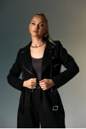 Σουέντ jacket με ζώνη και φερμουάρ μαύρο 