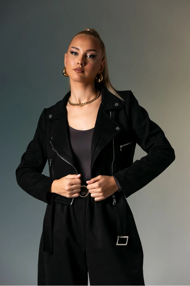 Σουέντ jacket με ζώνη και φερμουάρ μαύρο 