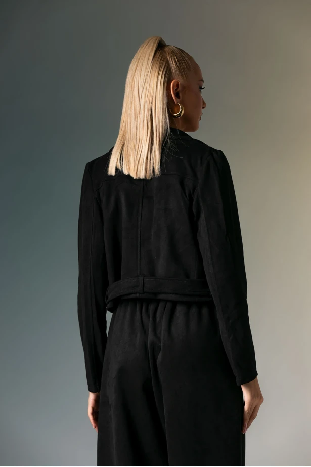 Σουέντ jacket με ζώνη και φερμουάρ μαύρο 
