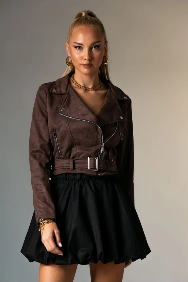 Σουέντ jacket με ζώνη και φερμουάρ καφέ