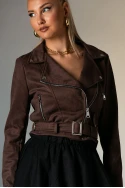 Σουέντ jacket με ζώνη και φερμουάρ καφέ