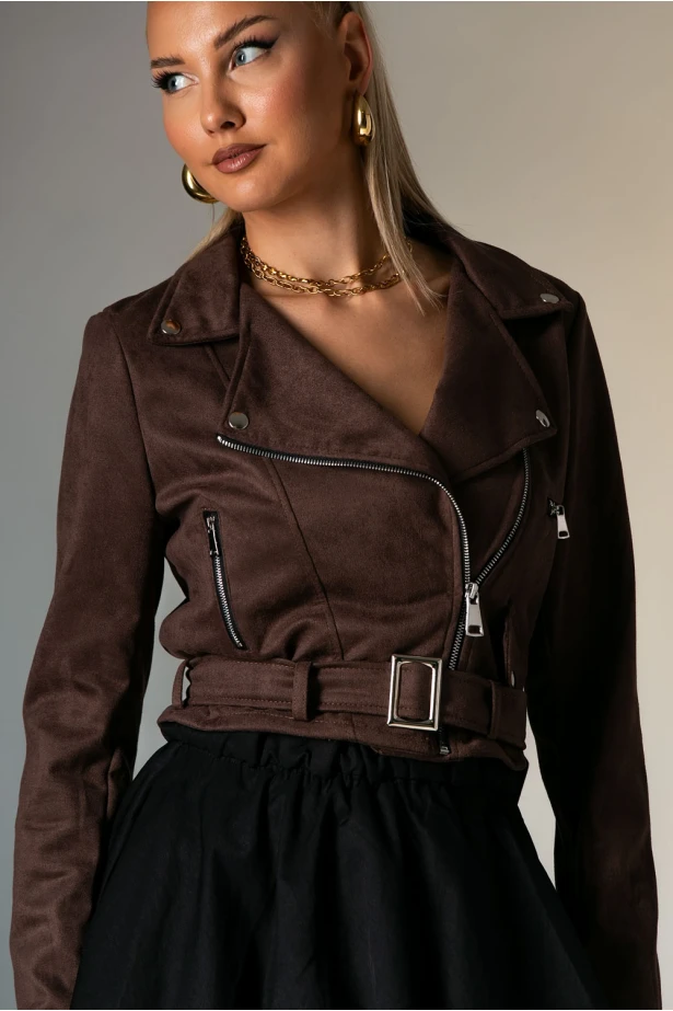 Σουέντ jacket με ζώνη και φερμουάρ καφέ