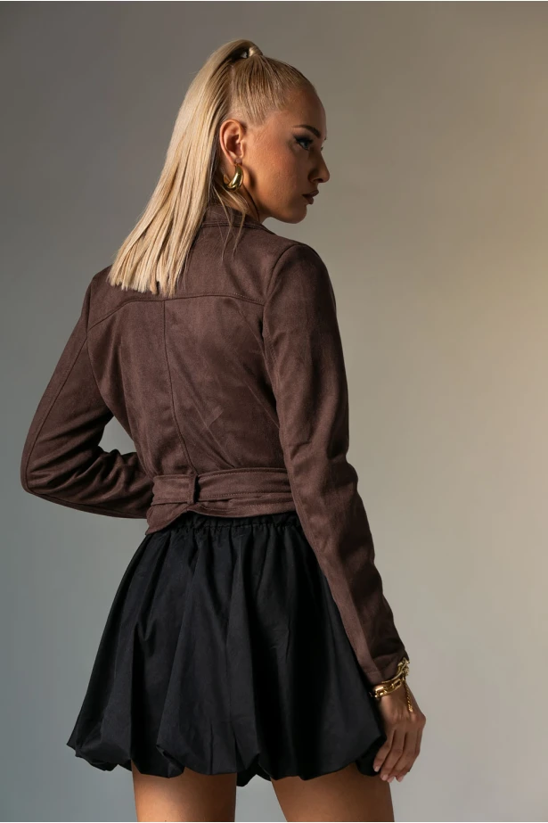 Σουέντ jacket με ζώνη και φερμουάρ καφέ