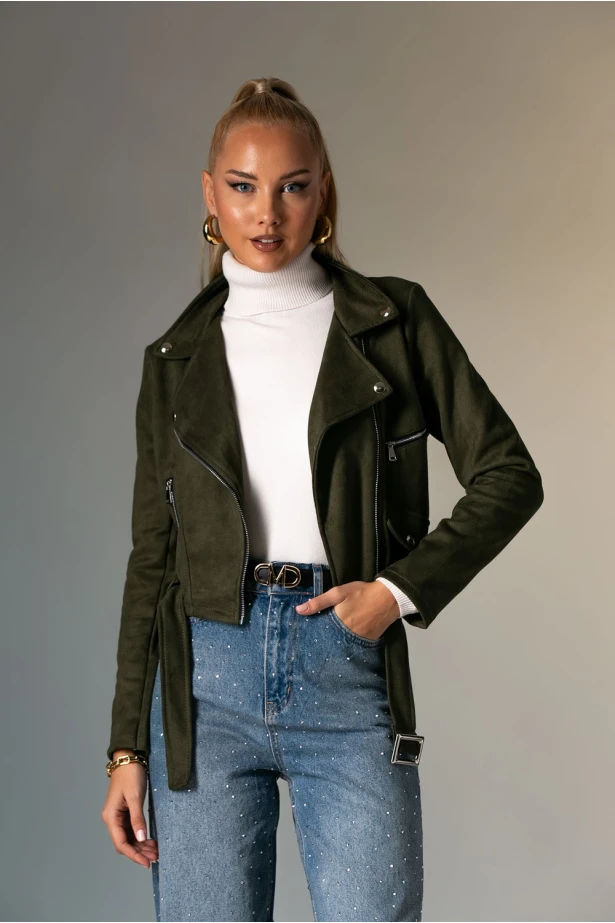 Σουέντ jacket με ζώνη και φερμουάρ χακί