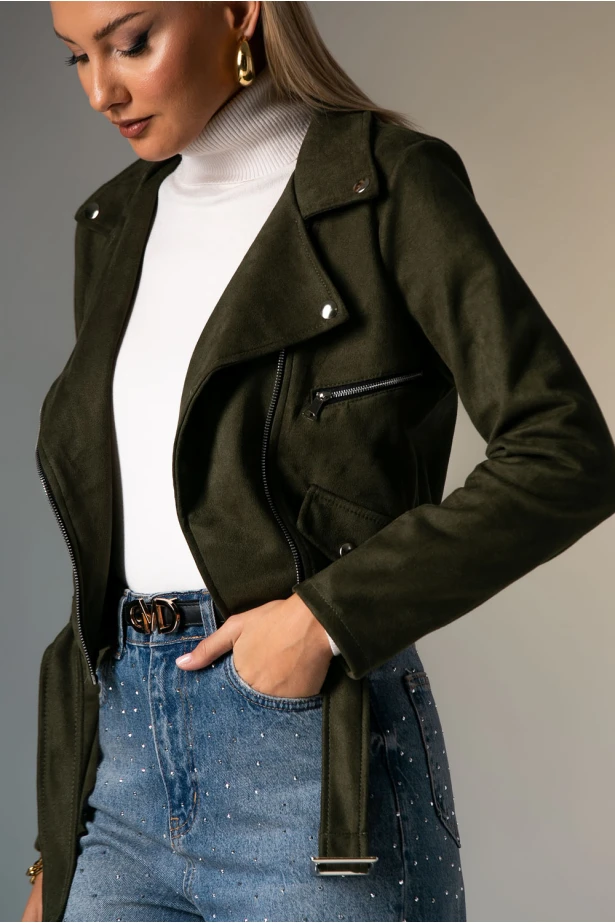 Σουέντ jacket με ζώνη και φερμουάρ χακί