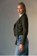 Σουέντ jacket με ζώνη και φερμουάρ χακί