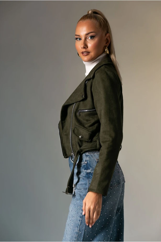 Σουέντ jacket με ζώνη και φερμουάρ χακί
