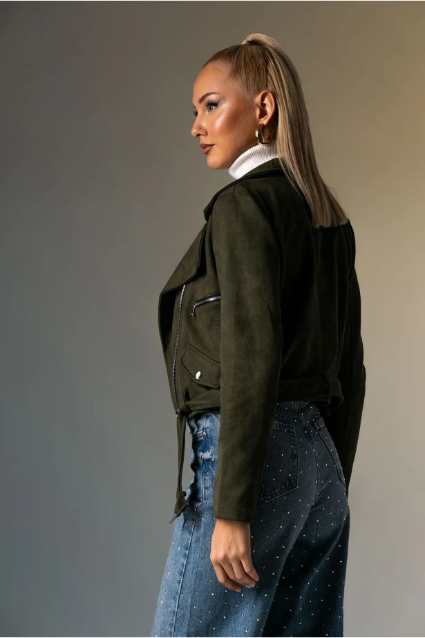 Σουέντ jacket με ζώνη και φερμουάρ χακί