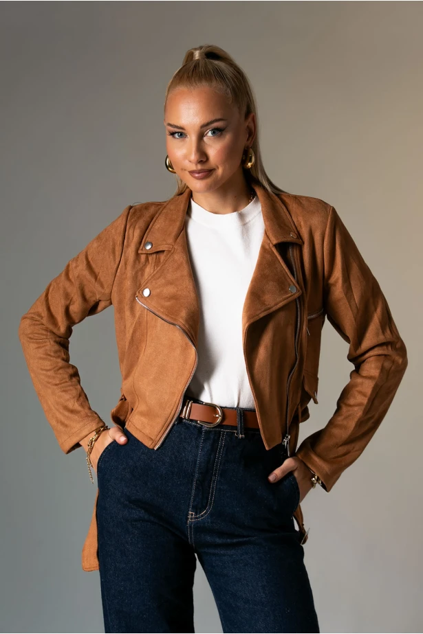 Σουέντ jacket με ζώνη και φερμουάρ ταμπά