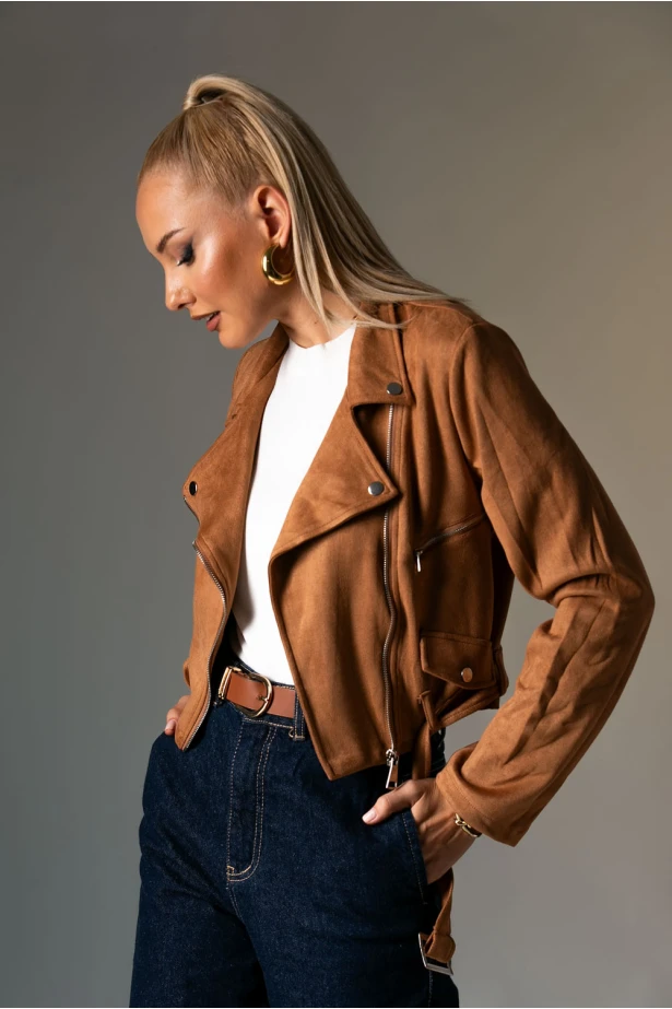 Σουέντ jacket με ζώνη και φερμουάρ ταμπά