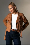Σουέντ jacket με ζώνη και φερμουάρ ταμπά